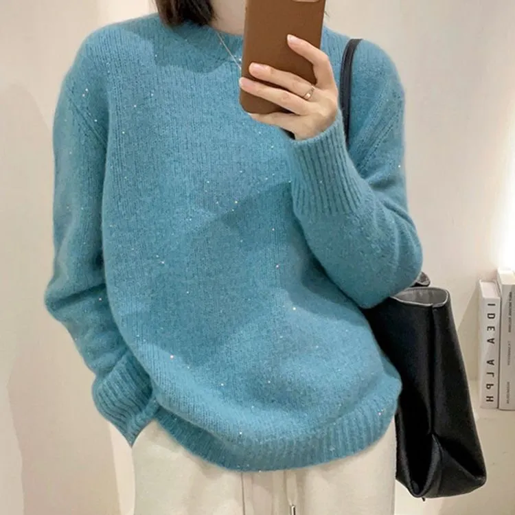 Soft glutinous long sleeve round neck top in milky white, loose fit, free size 85-135 cm, polyester pullover