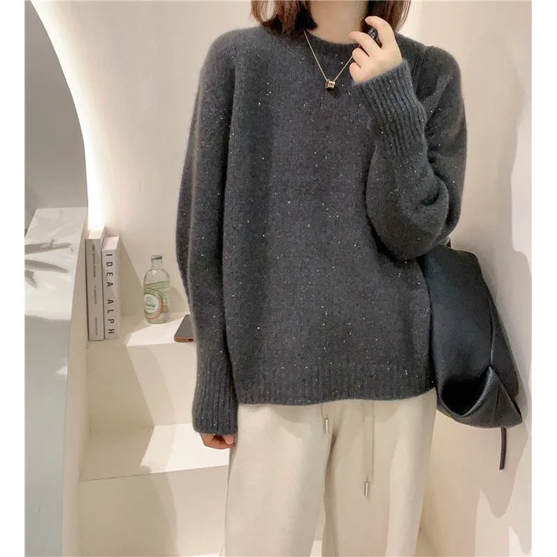 Soft glutinous long sleeve round neck top in milky white, loose fit, free size 85-135 cm, polyester pullover