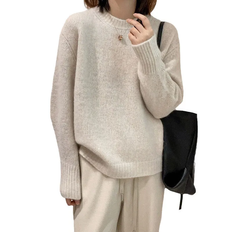 Soft glutinous long sleeve round neck top in milky white, loose fit, free size 85-135 cm, polyester pullover