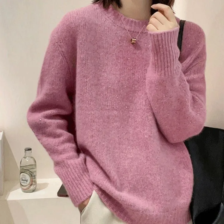 Soft glutinous long sleeve round neck top in milky white, loose fit, free size 85-135 cm, polyester pullover