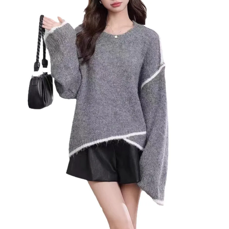 Women's idle style gray cotton loose pullover sweater on a plain background