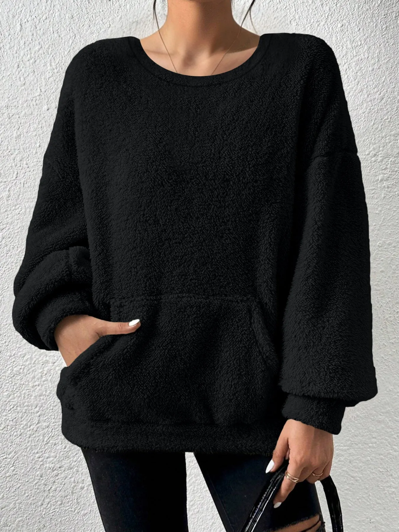 Fashion solid colour round neck long sleeve pullover loose fit polyester top in milky white, black, orange red, sky blue, olive green, dark brown