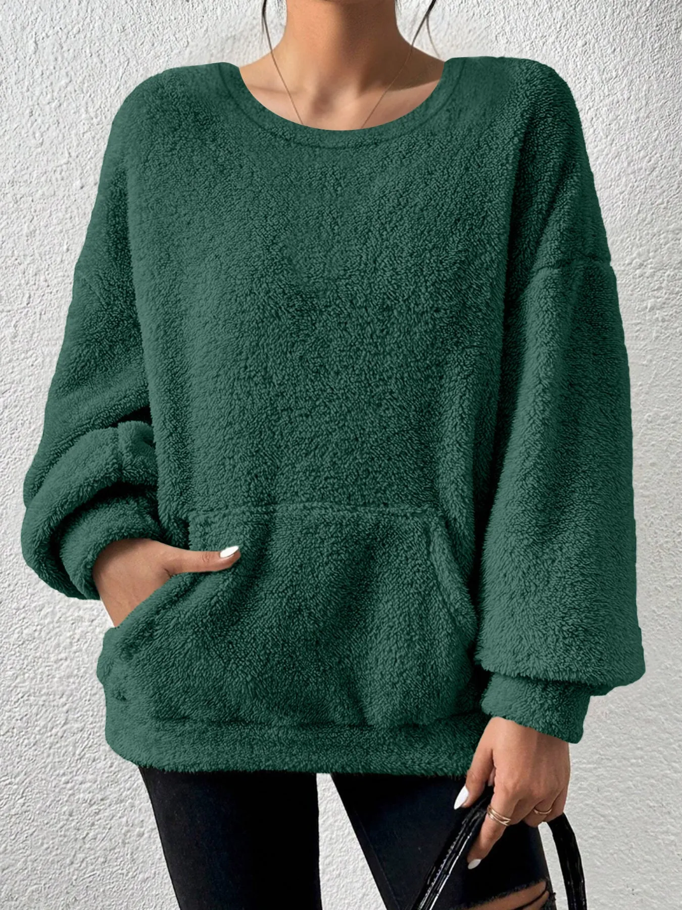 Fashion solid colour round neck long sleeve pullover loose fit polyester top in milky white, black, orange red, sky blue, olive green, dark brown