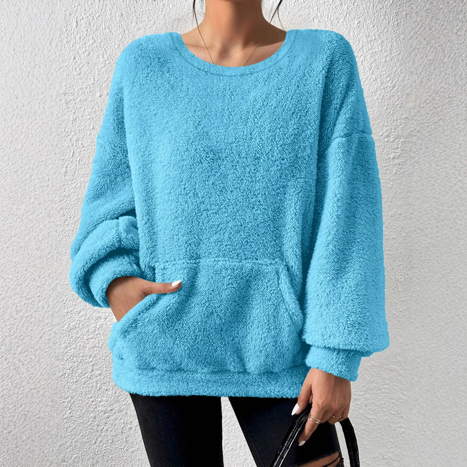 Fashion solid colour round neck long sleeve pullover loose fit polyester top in milky white, black, orange red, sky blue, olive green, dark brown