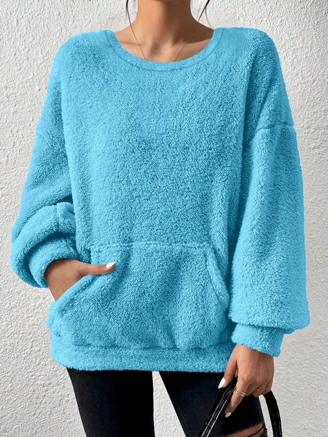 Fashion solid colour round neck long sleeve pullover loose fit polyester top in milky white, black, orange red, sky blue, olive green, dark brown