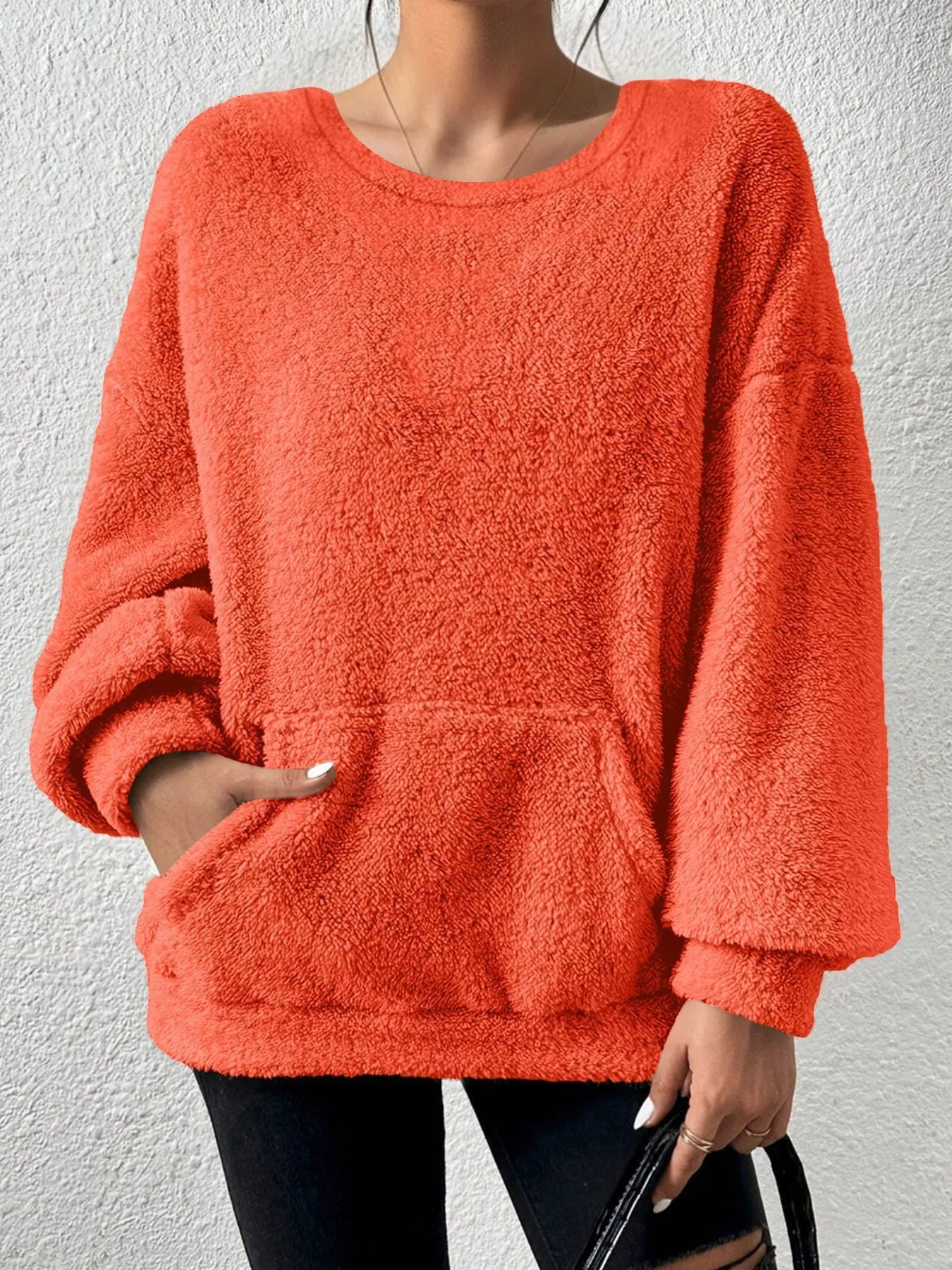 Fashion solid colour round neck long sleeve pullover loose fit polyester top in milky white, black, orange red, sky blue, olive green, dark brown