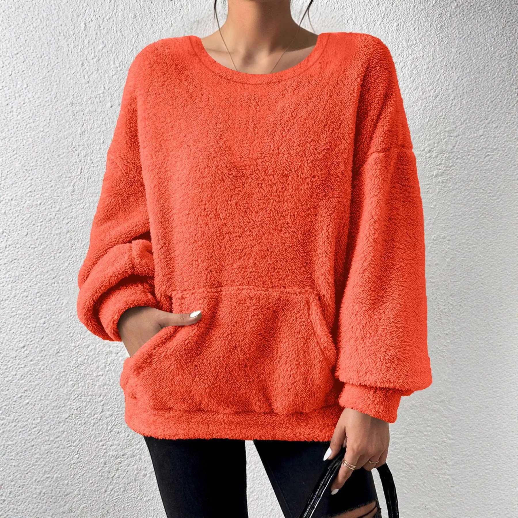 Fashion solid colour round neck long sleeve pullover loose fit polyester top in milky white, black, orange red, sky blue, olive green, dark brown