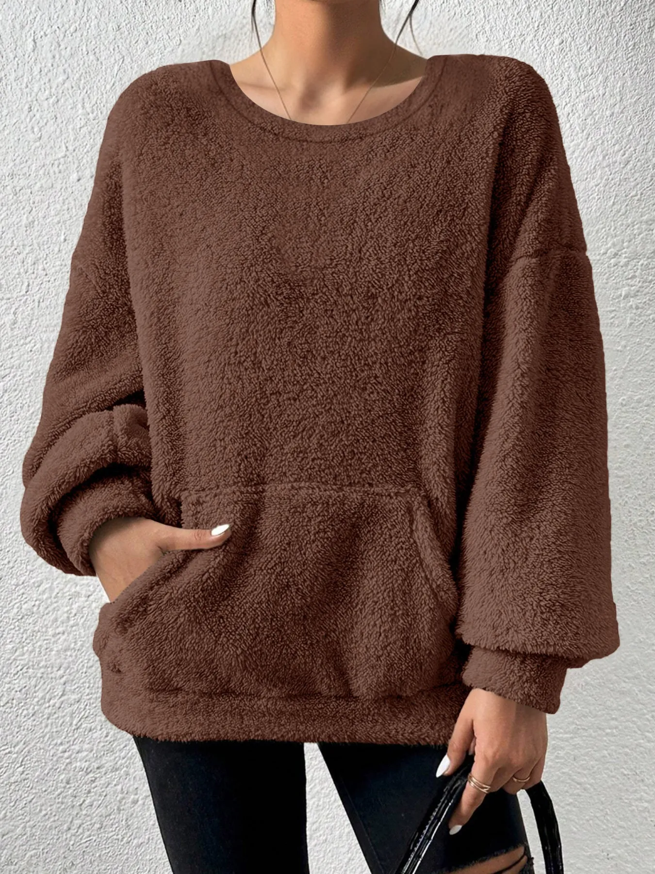 Fashion solid colour round neck long sleeve pullover loose fit polyester top in milky white, black, orange red, sky blue, olive green, dark brown