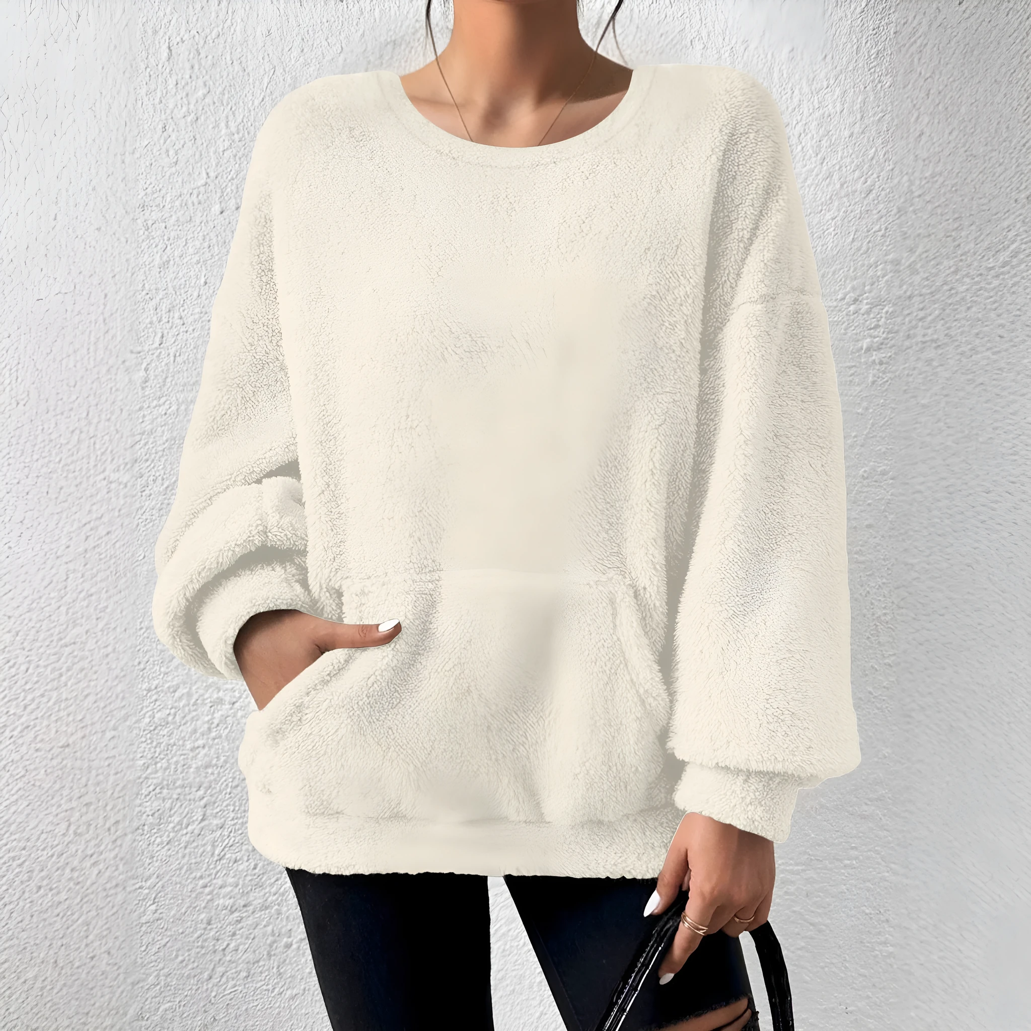Fashion solid colour round neck long sleeve pullover loose fit polyester top in milky white, black, orange red, sky blue, olive green, dark brown