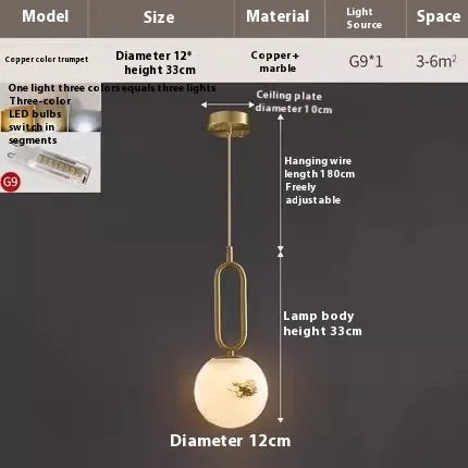 Nordic wall light marble shade copper frame black finish 15cm size on wall