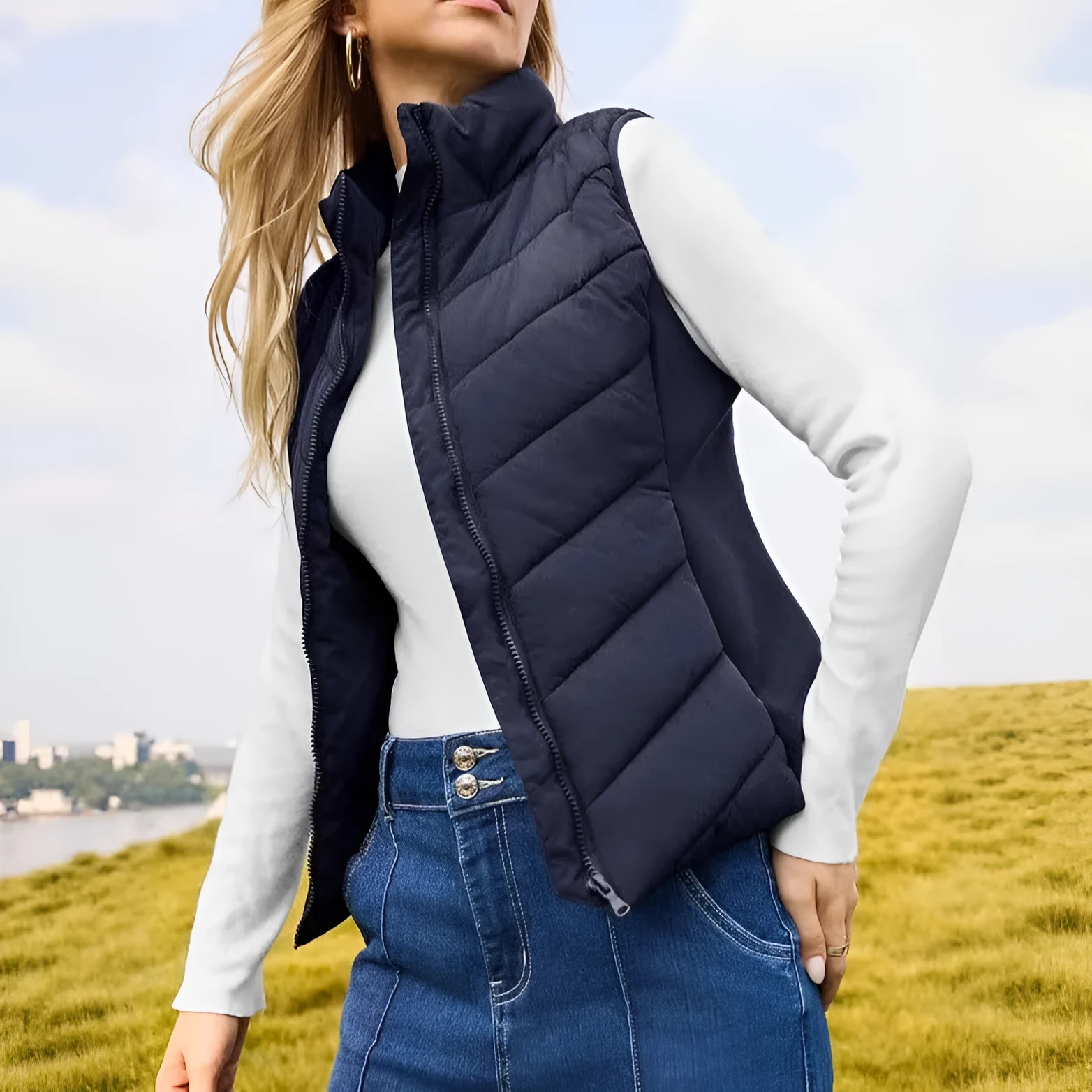Women's solid colour stand collar quilted vest in navy blue, slim fit, with side pockets