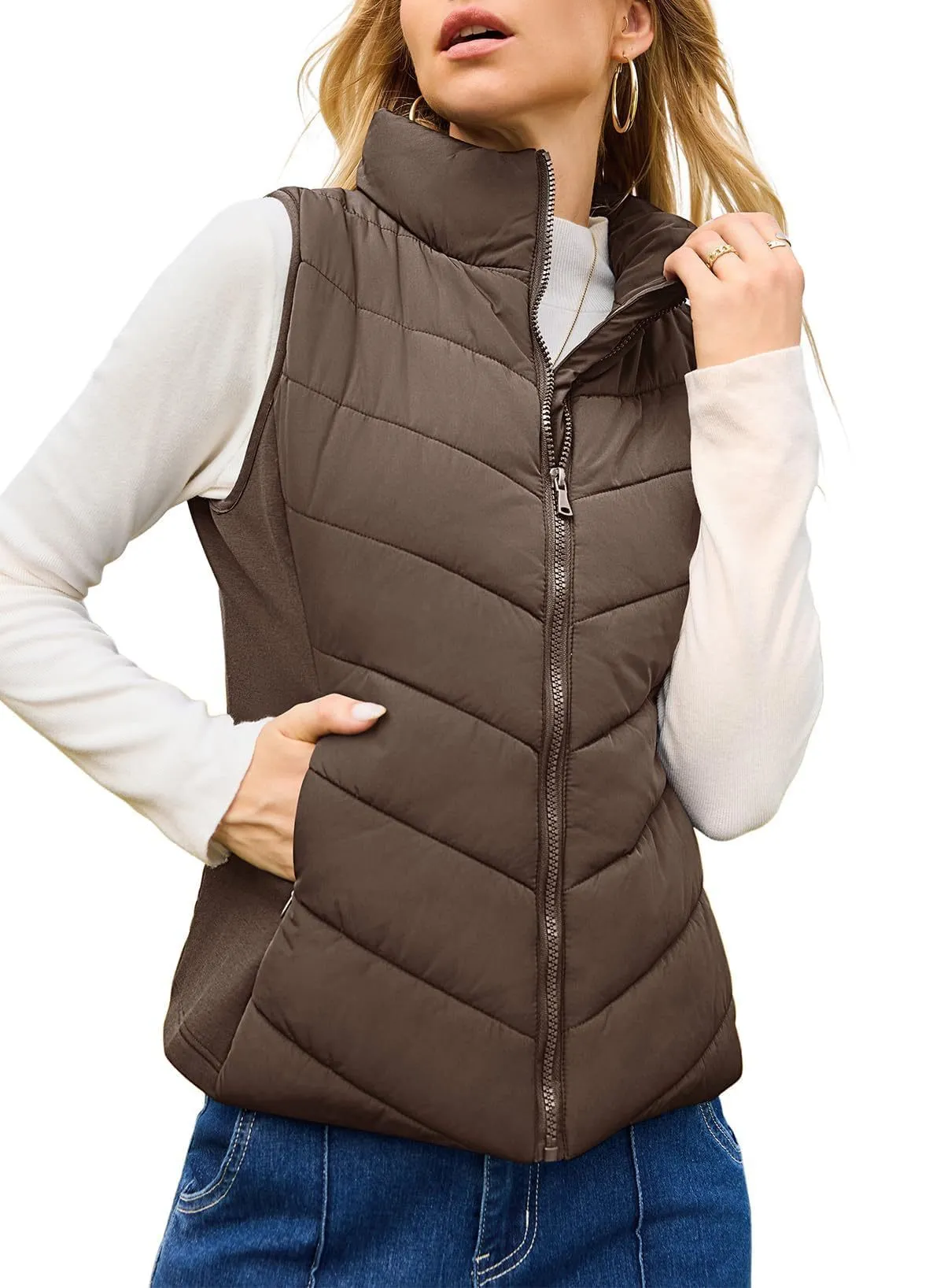 Women's solid colour stand collar quilted vest in navy blue, slim fit, with side pockets