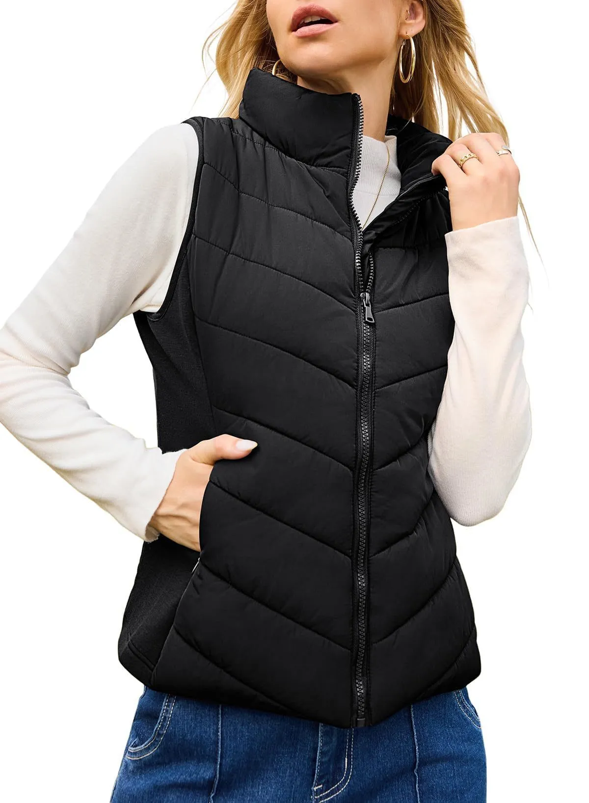 Women's solid colour stand collar quilted vest in navy blue, slim fit, with side pockets
