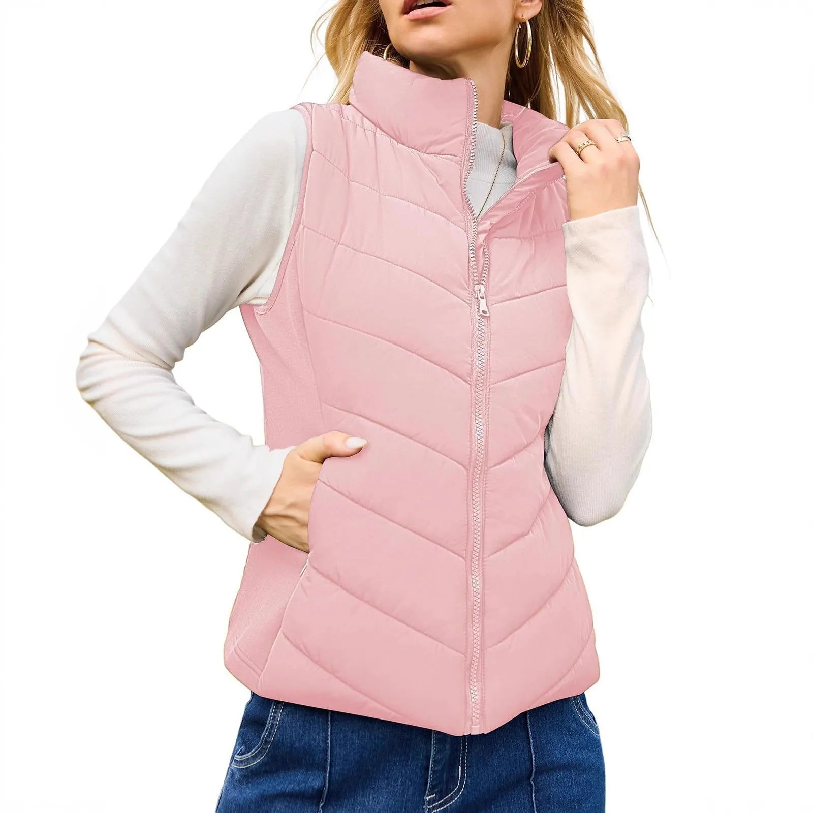 Women's solid colour stand collar quilted vest in navy blue, slim fit, with side pockets