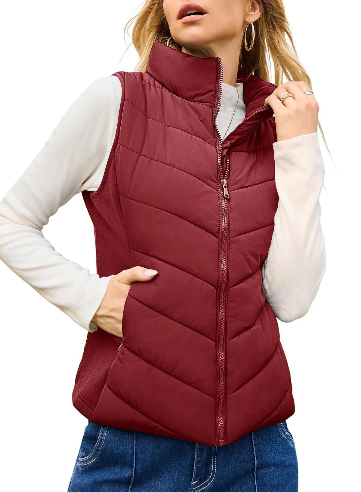 Women's solid colour stand collar quilted vest in navy blue, slim fit, with side pockets