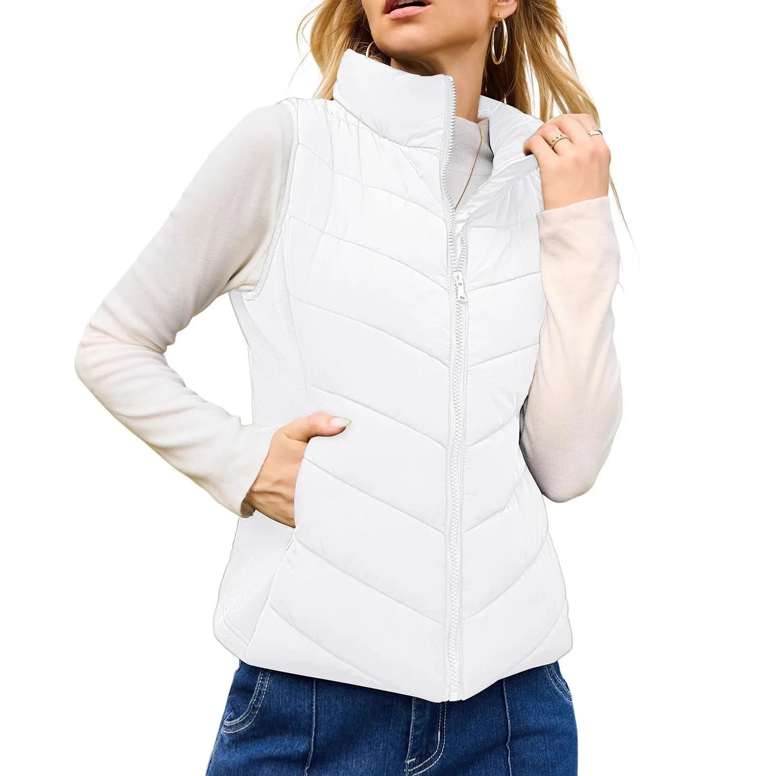 Women's solid colour stand collar quilted vest in navy blue, slim fit, with side pockets
