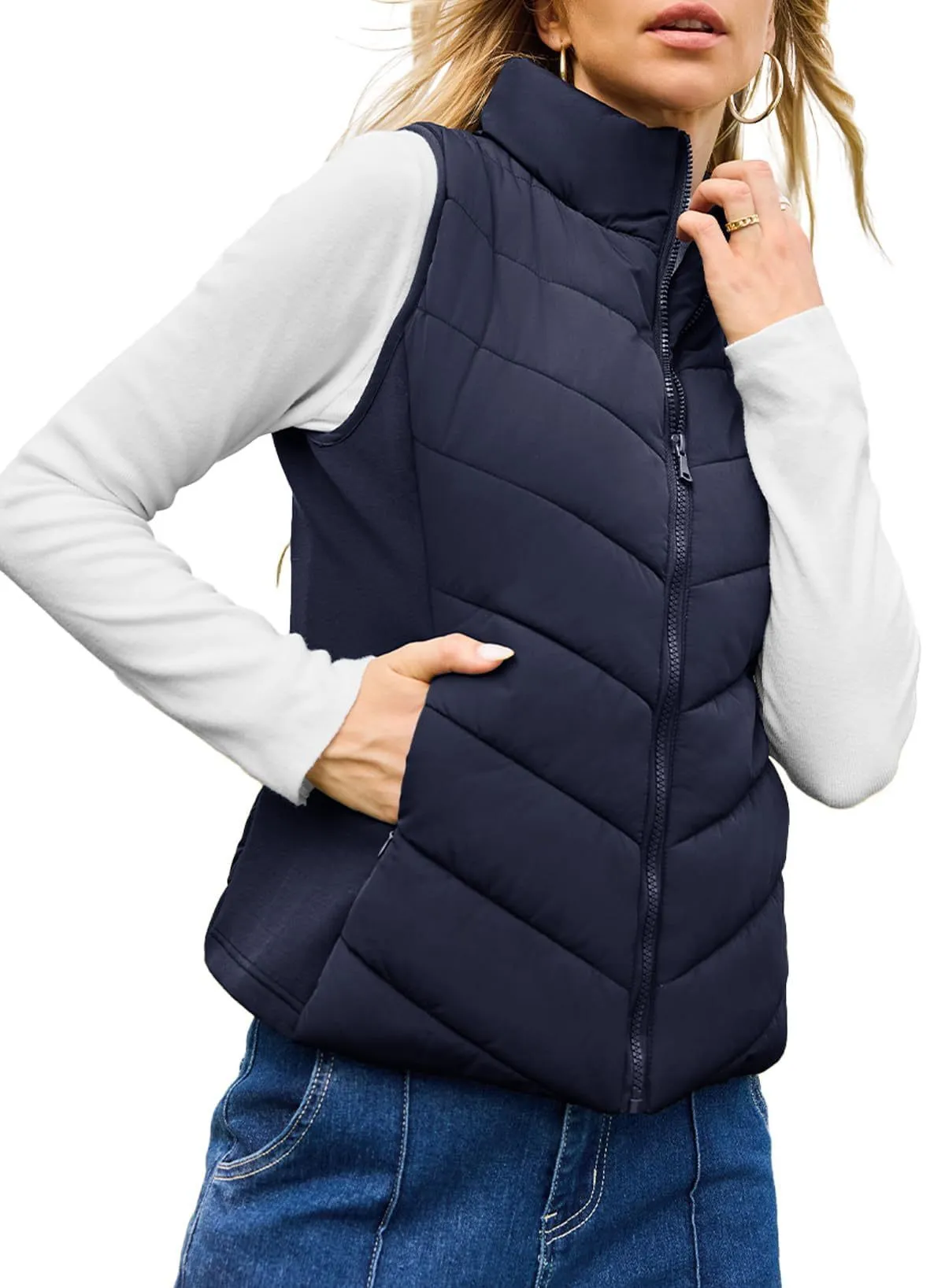 Women's solid colour stand collar quilted vest in navy blue, slim fit, with side pockets