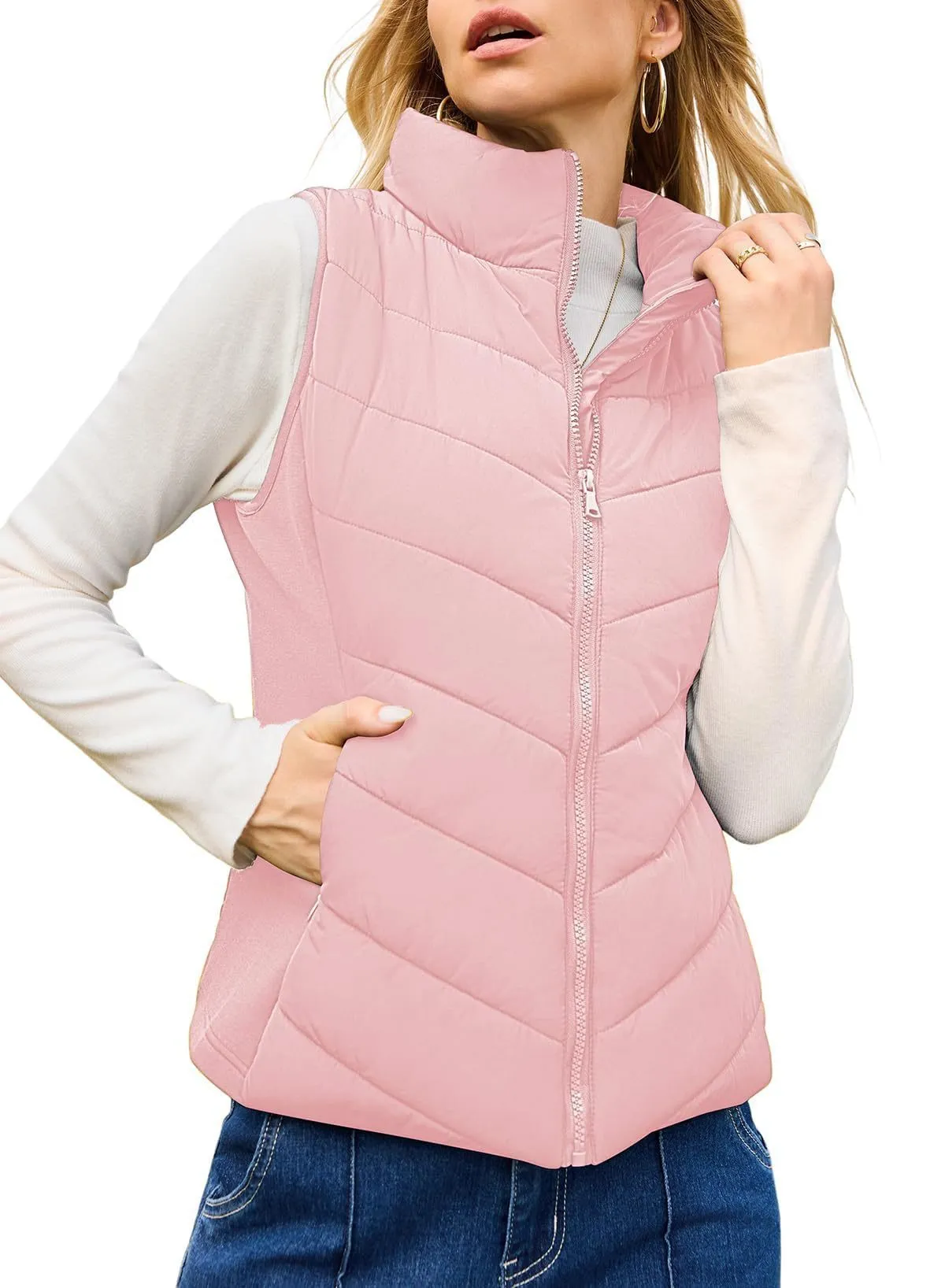 Women's solid colour stand collar quilted vest in navy blue, slim fit, with side pockets