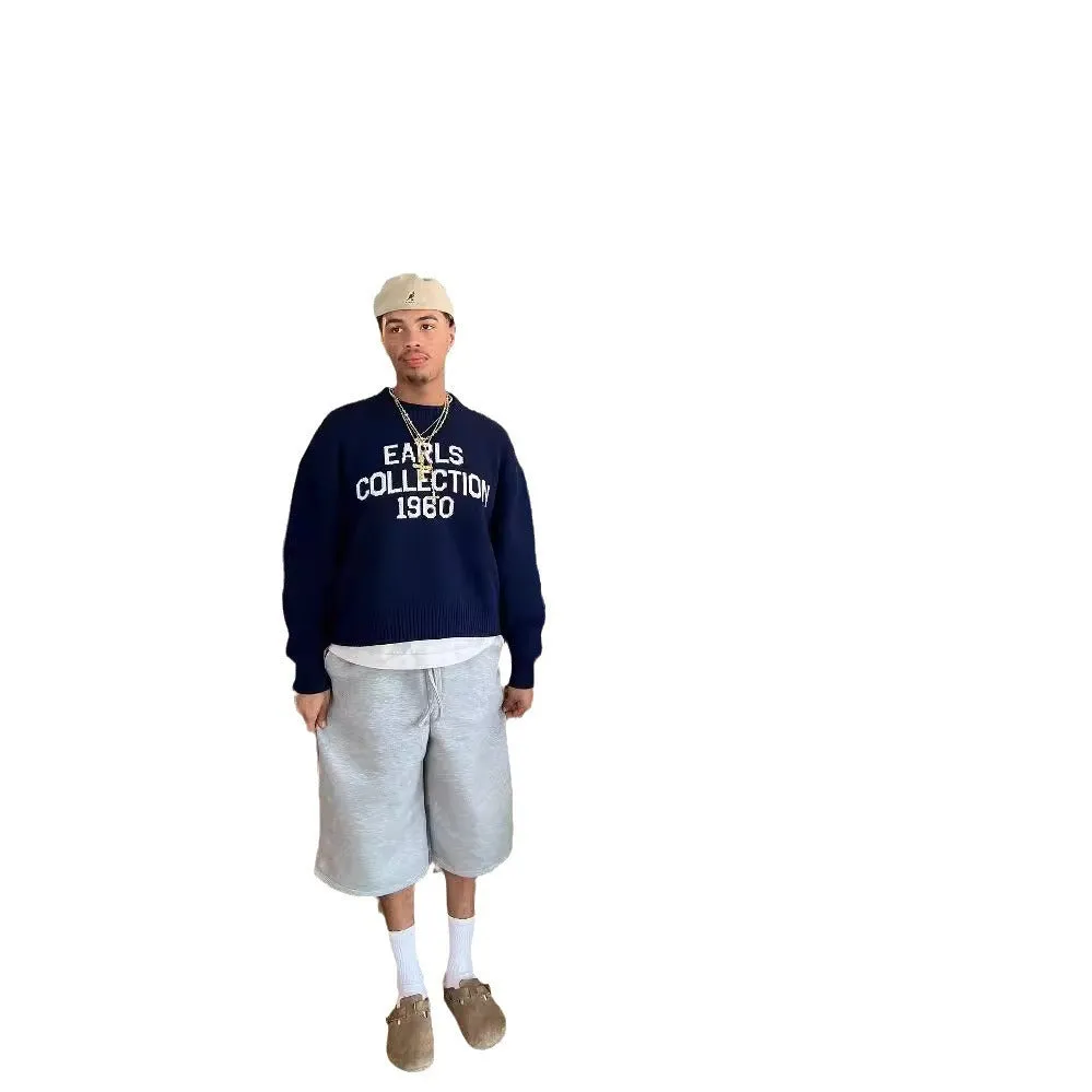 Dark blue round neck long sleeve brocade letter sweater with loose fit and jacquard pattern