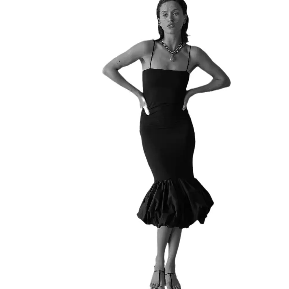 Women's black cotton knitted fishtail sling dress with high waist, sleeveless summer style