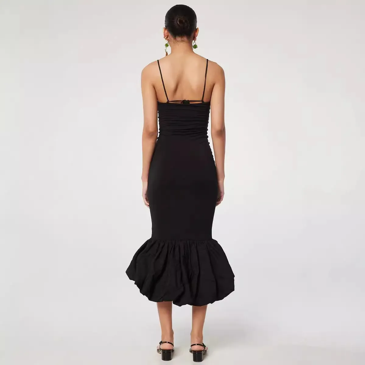 Women's black cotton knitted fishtail sling dress with high waist, sleeveless summer style