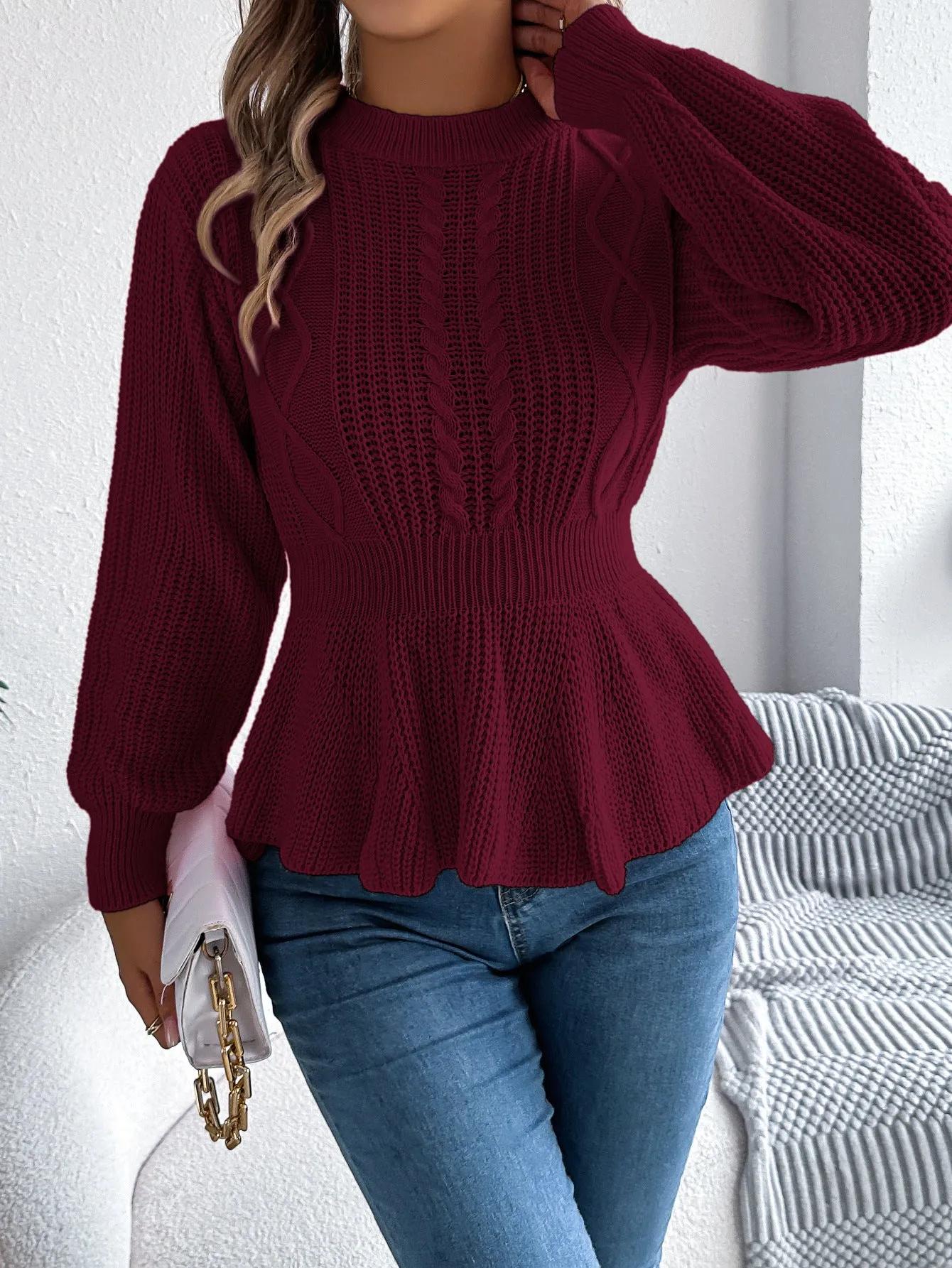 Twist waist trimming ruffles long sleeve pullover in white, wine red, and pink, available in sizes S to XL