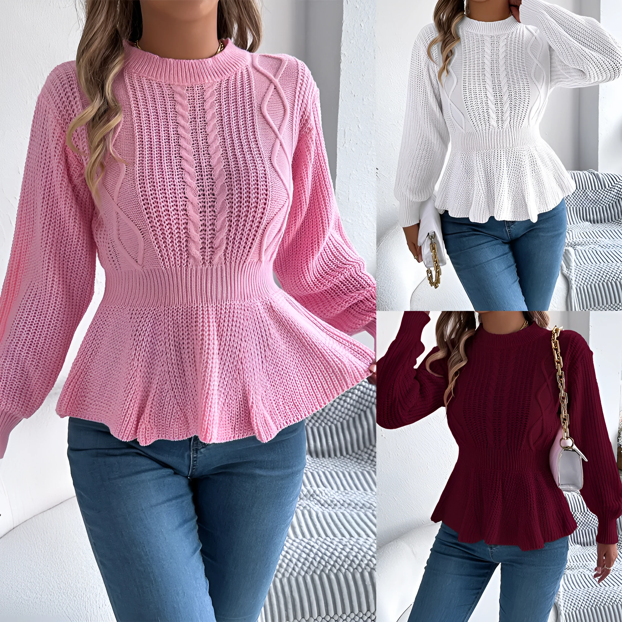 Twist waist trimming ruffles long sleeve pullover in white, wine red, and pink, available in sizes S to XL