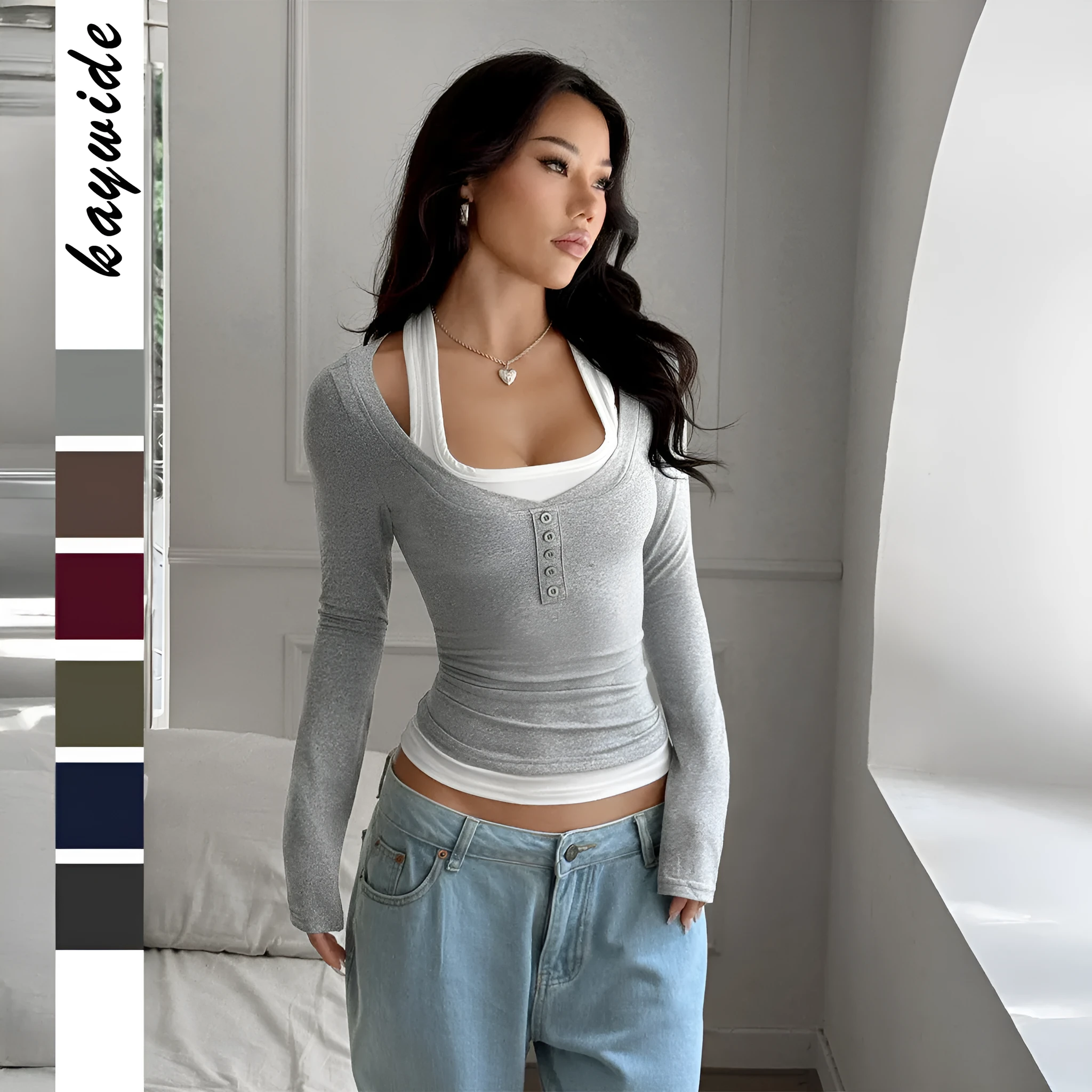 Women's colourblock fake two-piece suspender long-sleeved T-shirt in black, front view, slim fit, polyester knit