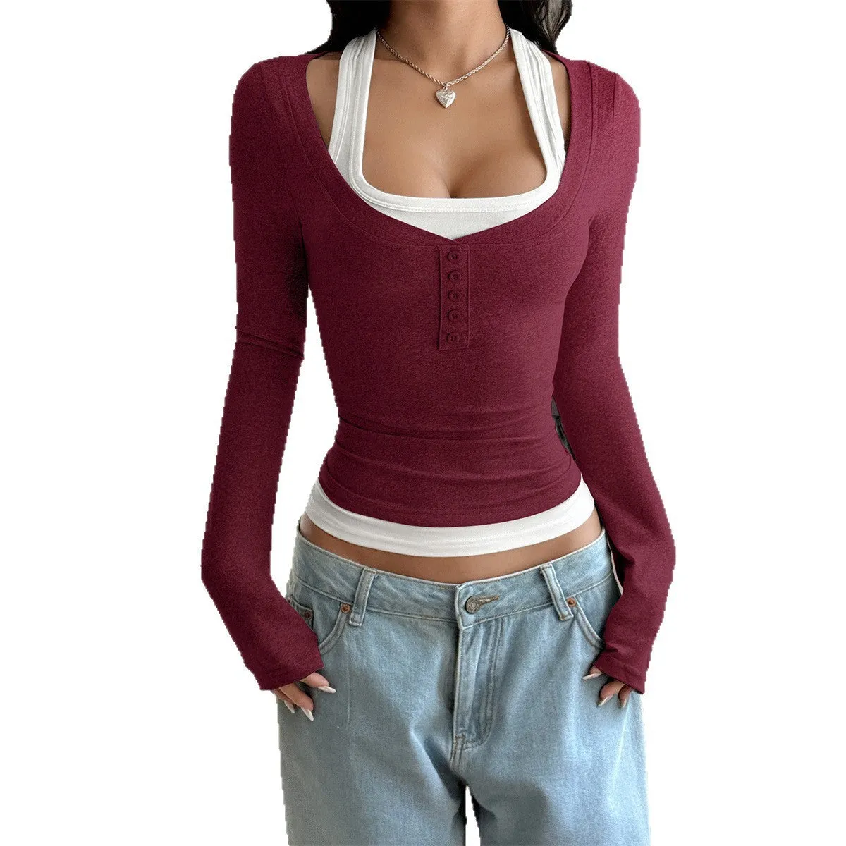 Women's colourblock fake two-piece suspender long-sleeved T-shirt in black, front view, slim fit, polyester knit