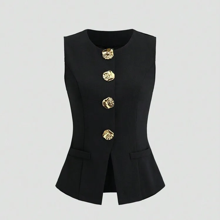 Women's cotton sleeveless vest round neck waist-tight fit solid colour black front view