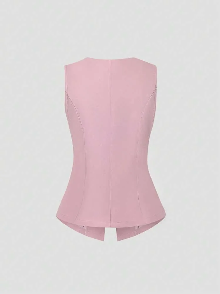 Women's cotton sleeveless vest round neck waist-tight fit solid colour black front view