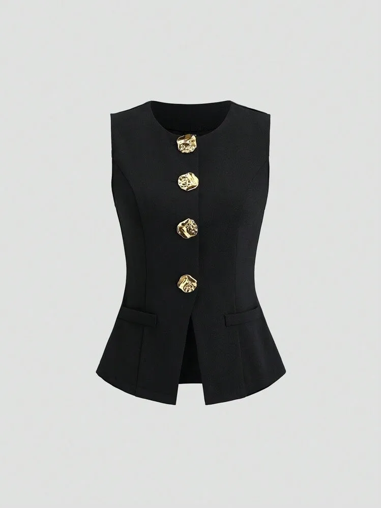 Women's cotton sleeveless vest round neck waist-tight fit solid colour black front view