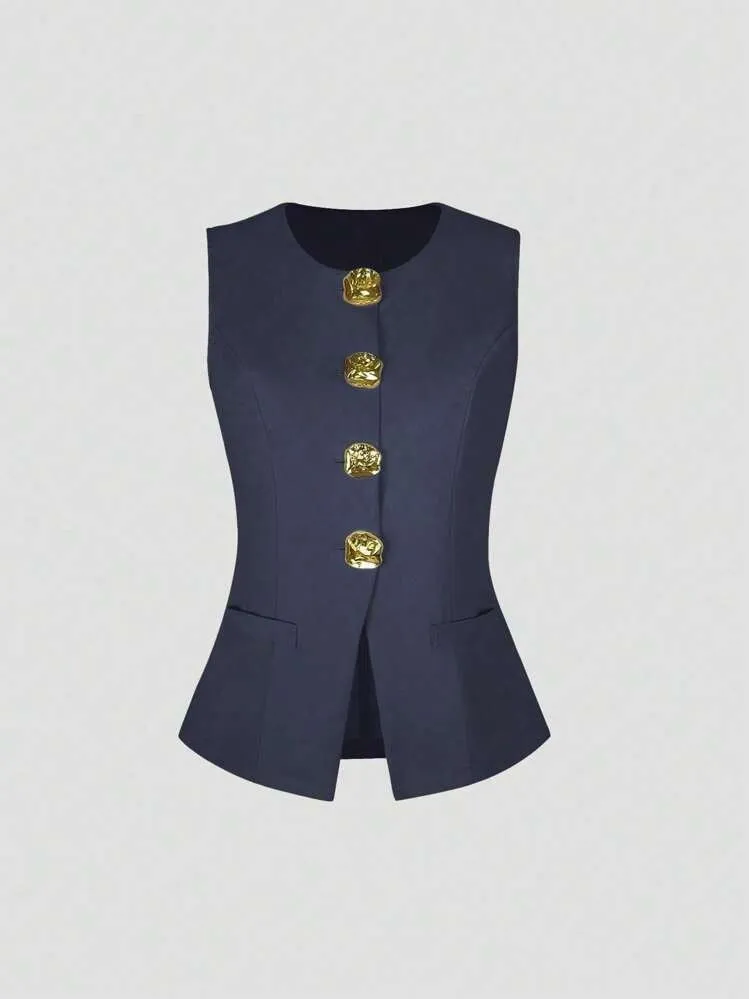 Women's cotton sleeveless vest round neck waist-tight fit solid colour black front view