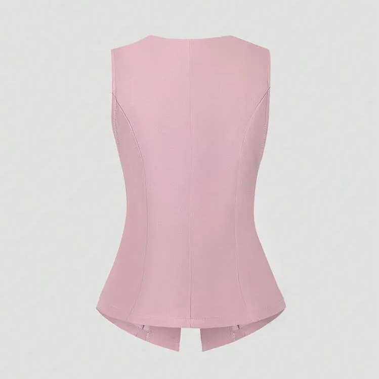 Women's cotton sleeveless vest round neck waist-tight fit solid colour black front view