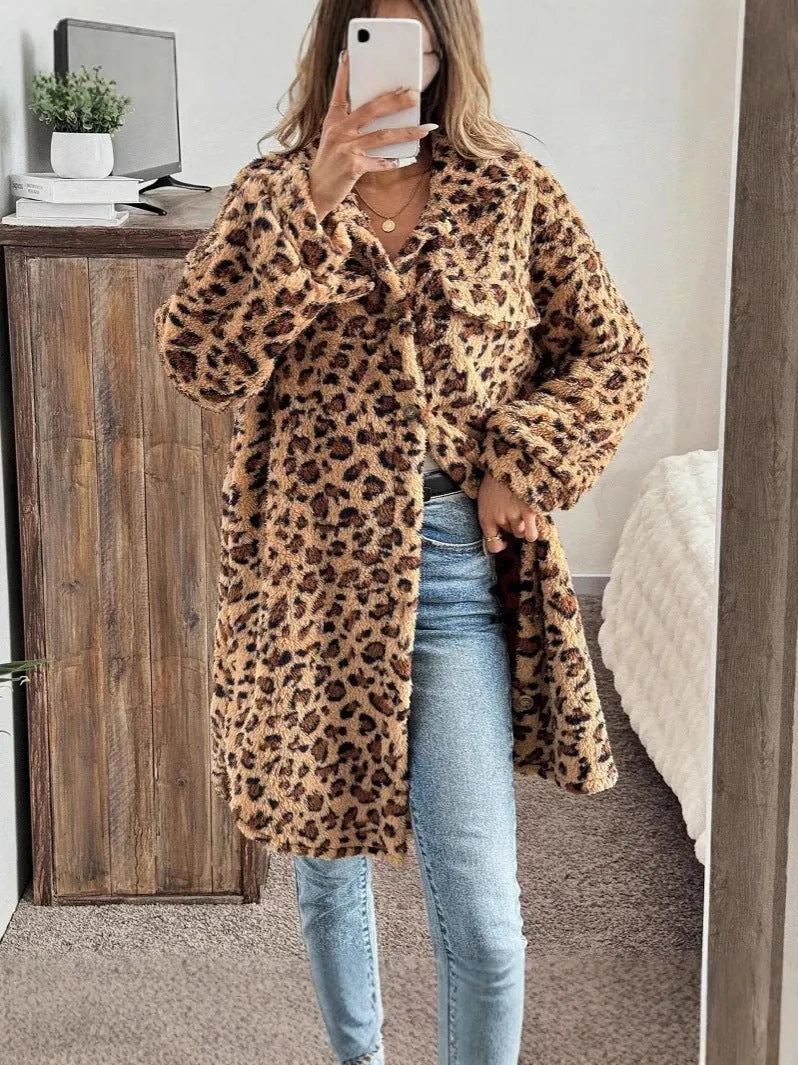 Double-sided plush long cardigan for women in dark brown with animal pattern, soft fleece texture