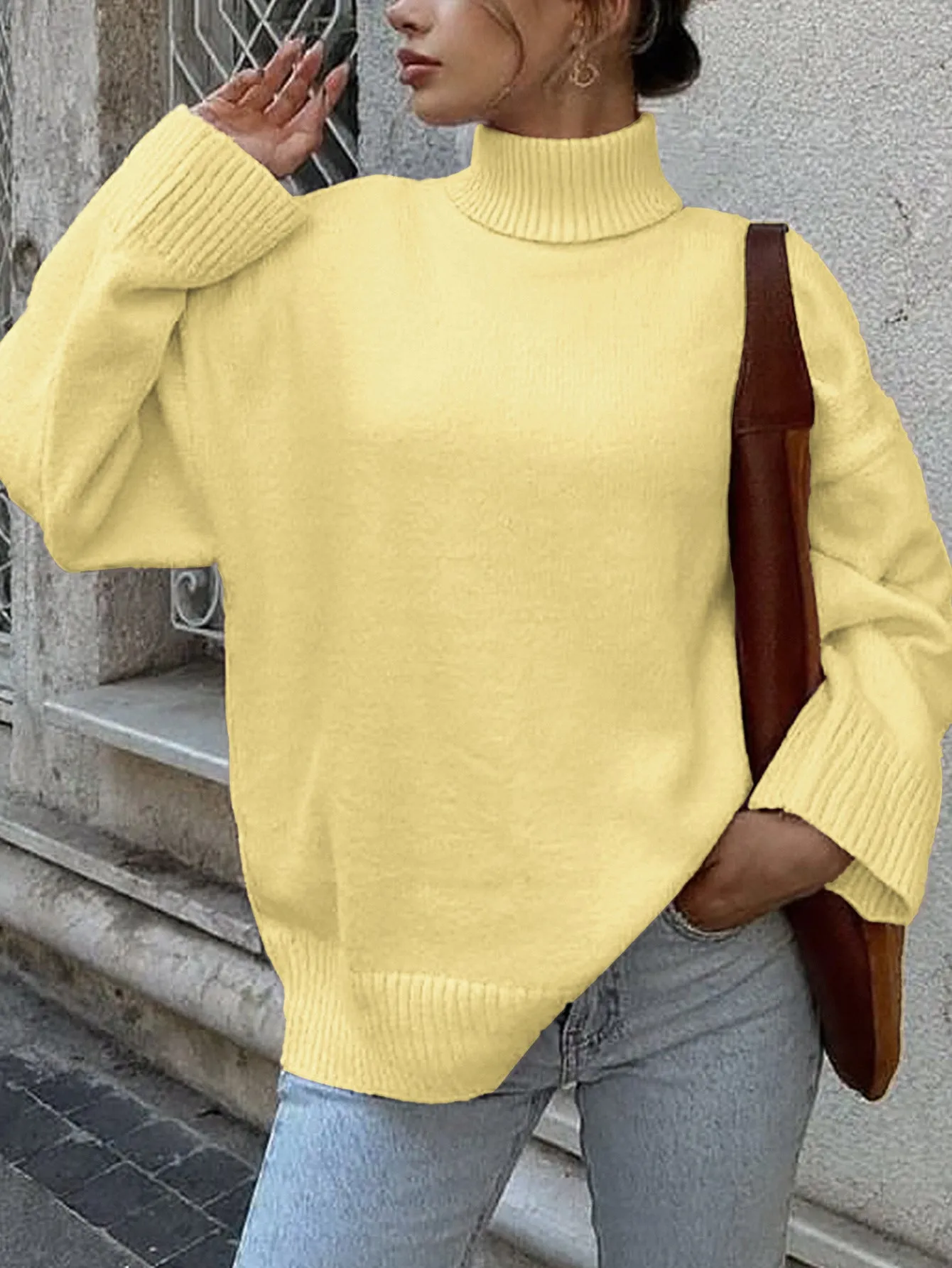 Casual polyester long-sleeved solid colour pullover sweater for women, available in multiple colours and sizes S to XL