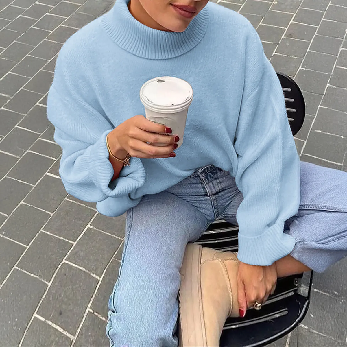 Casual polyester long-sleeved solid colour pullover sweater for women, available in multiple colours and sizes S to XL