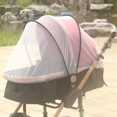 Baby stroller mosquito net full cover in black fine mesh on a pram for summer protection