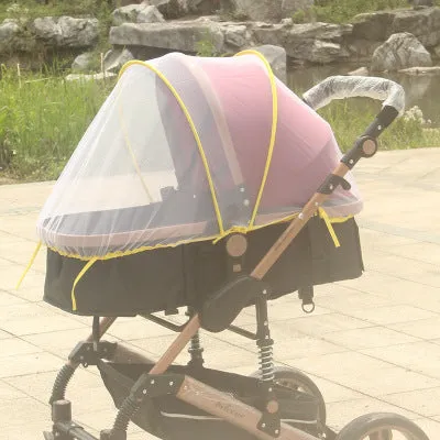 Baby stroller mosquito net full cover in black fine mesh on a pram for summer protection