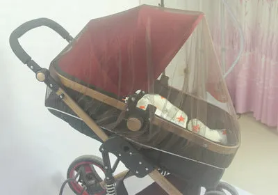 Baby stroller mosquito net full cover in black fine mesh on a pram for summer protection