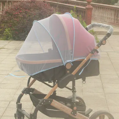 Baby stroller mosquito net full cover in black fine mesh on a pram for summer protection