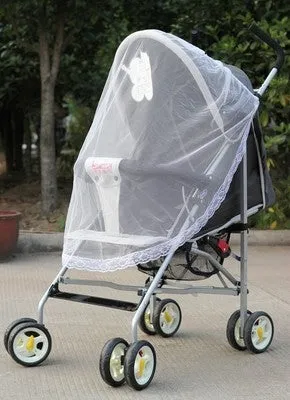 Baby stroller mosquito net full cover in black fine mesh on a pram for summer protection
