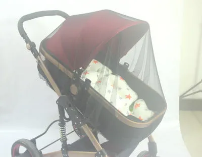 Baby stroller mosquito net full cover in black fine mesh on a pram for summer protection
