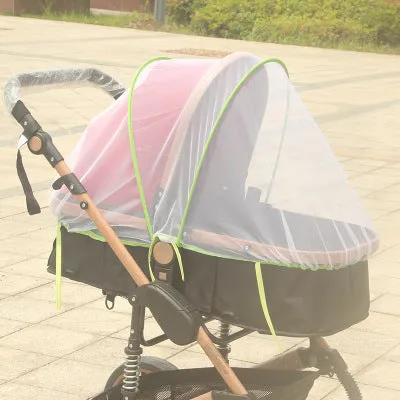 Baby stroller mosquito net full cover in black fine mesh on a pram for summer protection