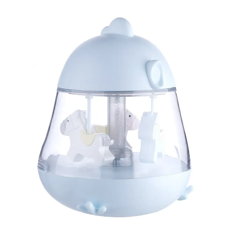 USB carousel music light with rotating Trojan, touch controls, warm yellow and colourful gradient light, in blue pink and yellow options