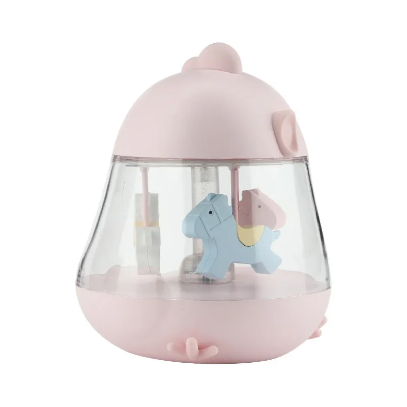 USB carousel music light with rotating Trojan, touch controls, warm yellow and colourful gradient light, in blue pink and yellow options