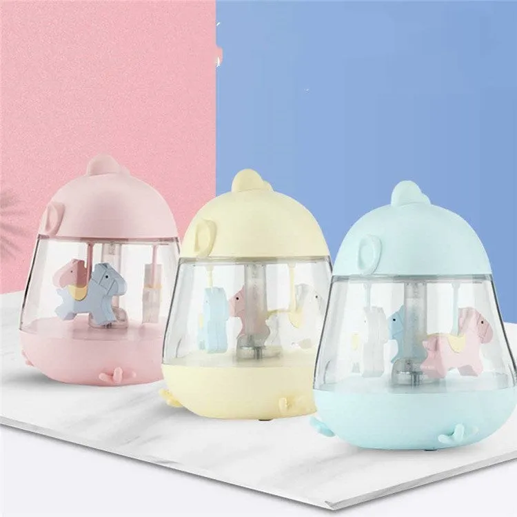 USB carousel music light with rotating Trojan, touch controls, warm yellow and colourful gradient light, in blue pink and yellow options