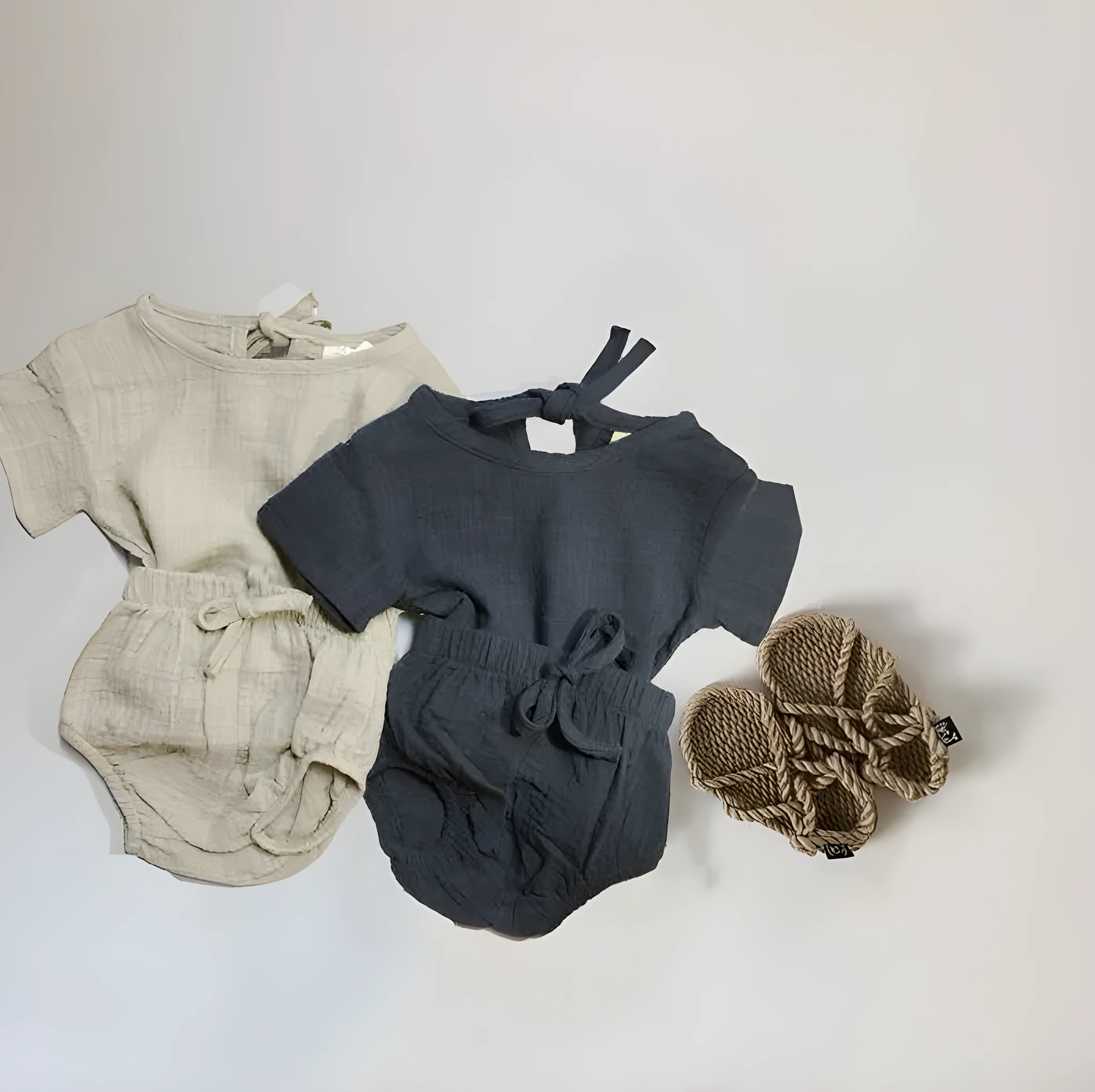 Baby boy summer outfit set with shirt and shorts in soft cloth fabric, multiple styles and sizes available