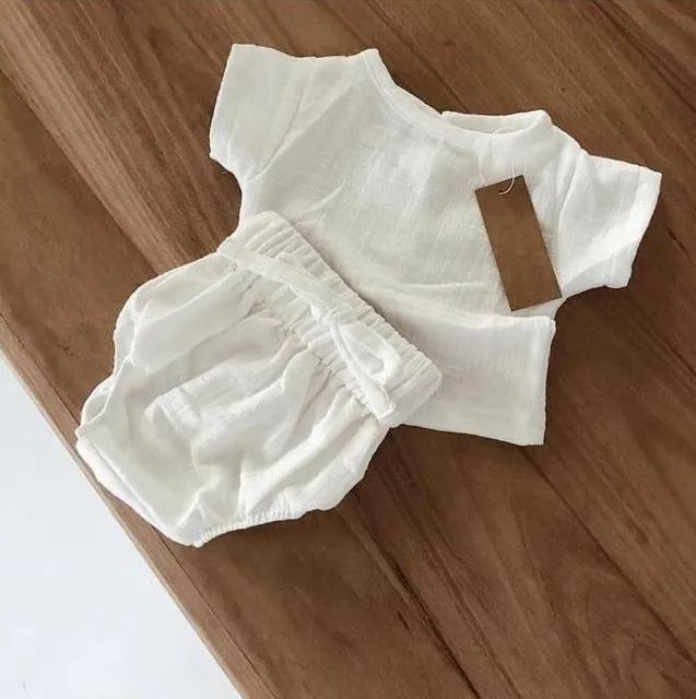 Baby boy summer outfit set with shirt and shorts in soft cloth fabric, multiple styles and sizes available