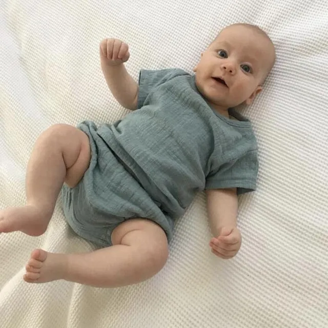 Baby boy summer outfit set with shirt and shorts in soft cloth fabric, multiple styles and sizes available